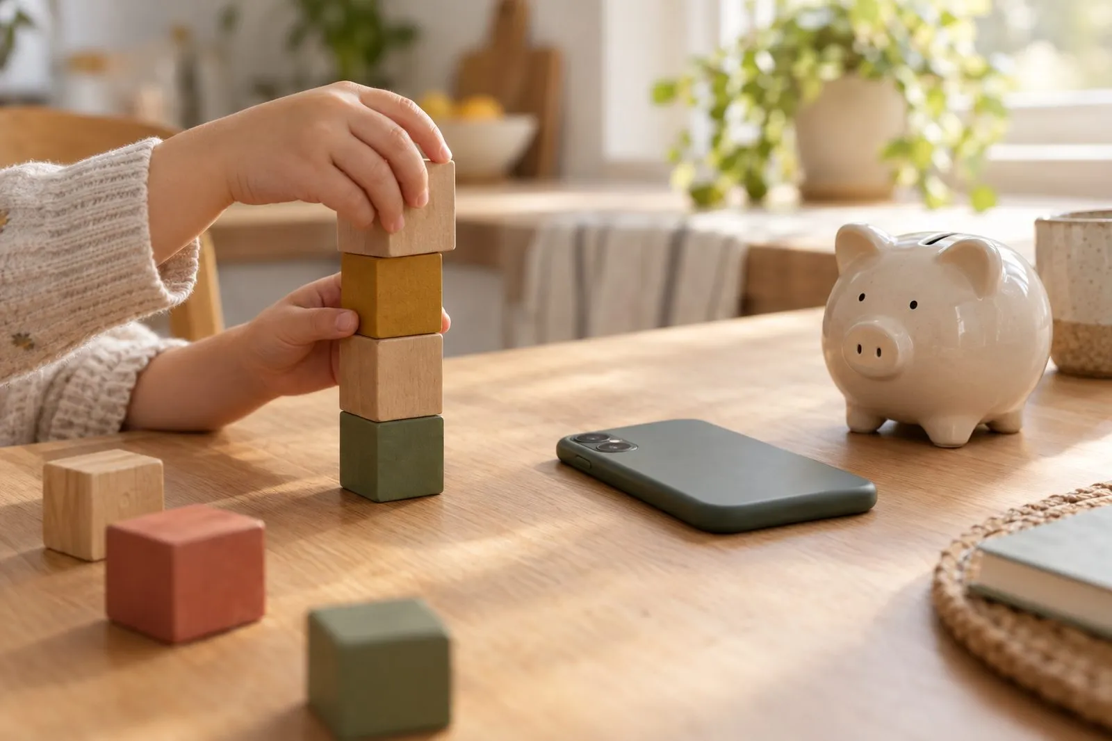A young child's hands stacking wooden blocks next to a ceramic piggy bank and a phone on a sunlit kitchen table