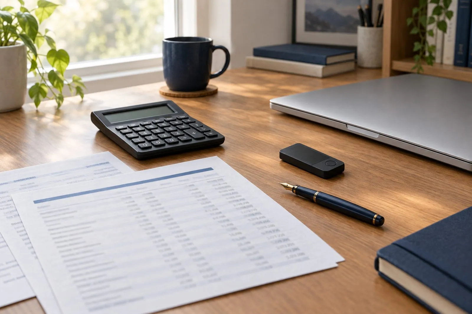 A sunlit wooden desk with printed transaction statements, a calculator, a fountain pen, a small hardware wallet and a closed laptop