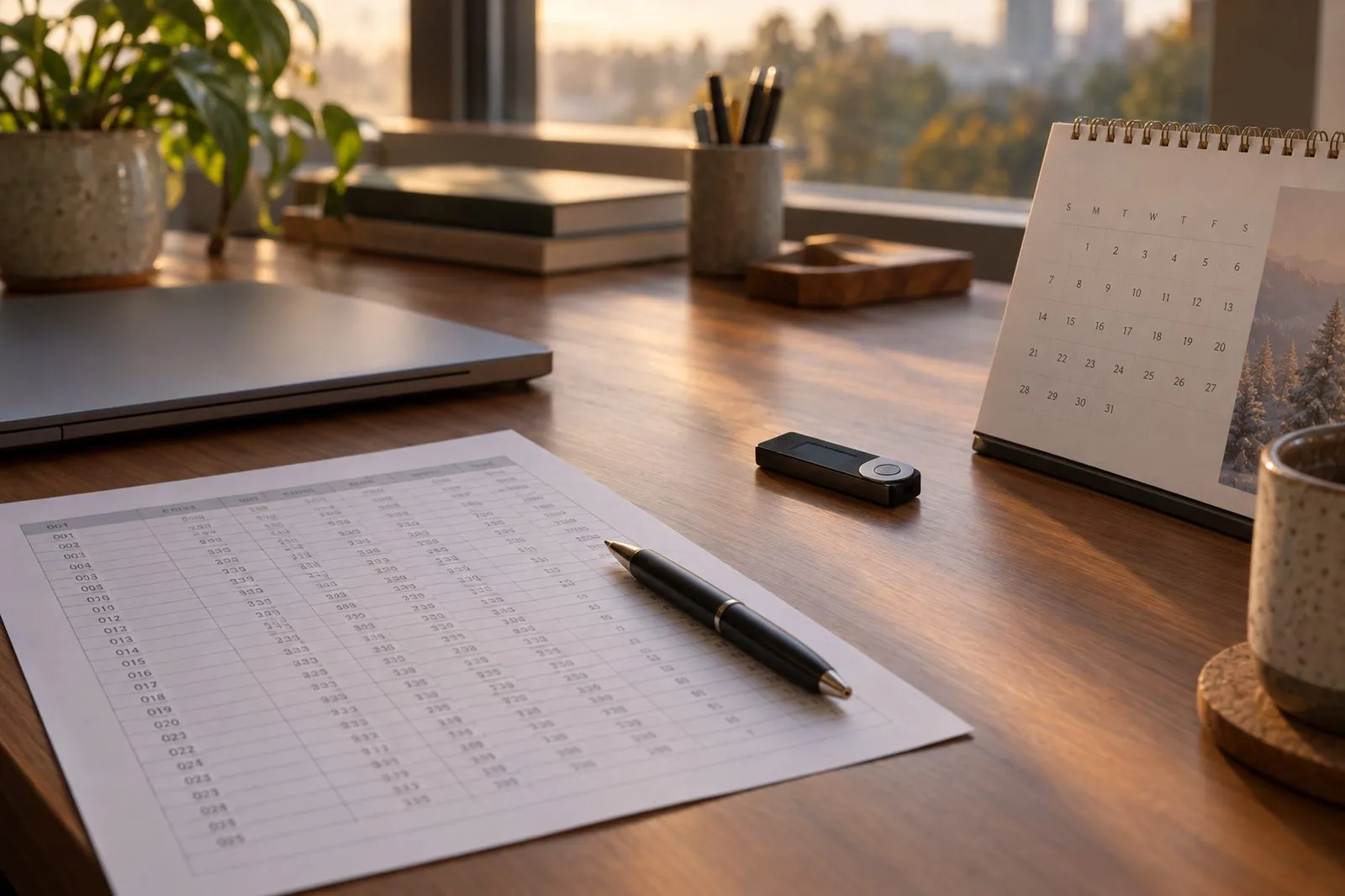 A home-office desk with a printed spreadsheet, a pen, a closed laptop, a hardware crypto wallet and a desk calendar turned to December