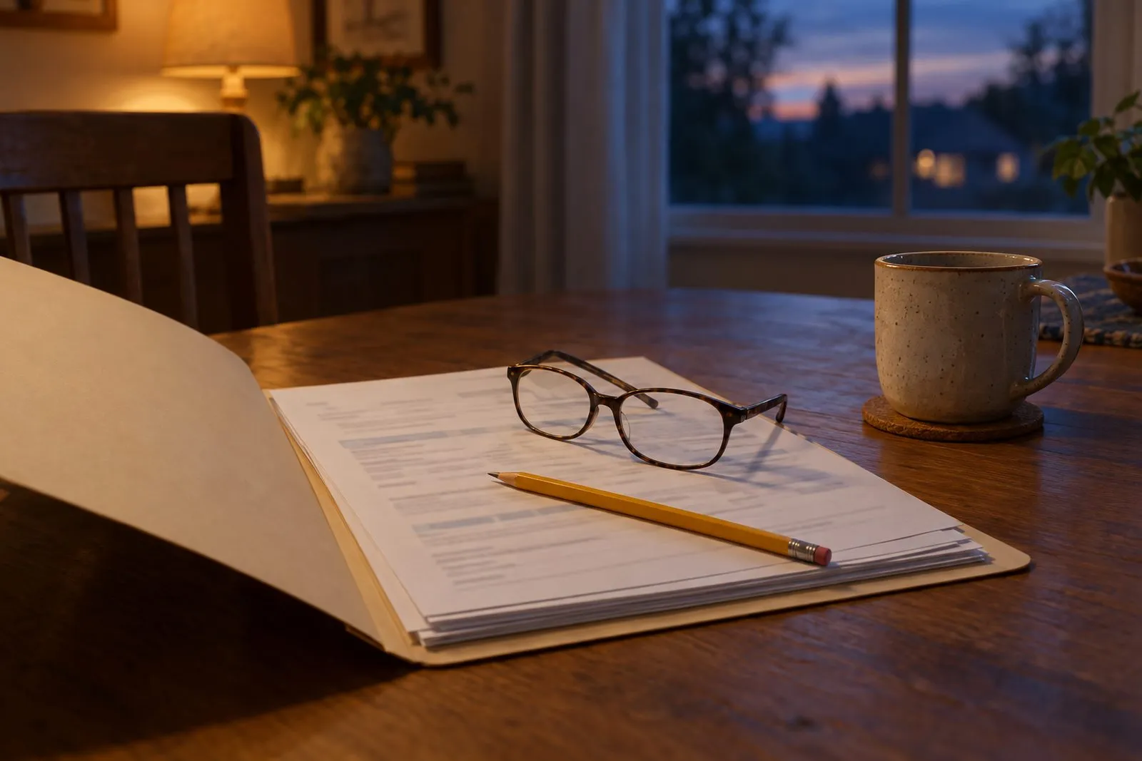 An open folder of account paperwork with a pencil and reading glasses on a kitchen table near a window at dusk