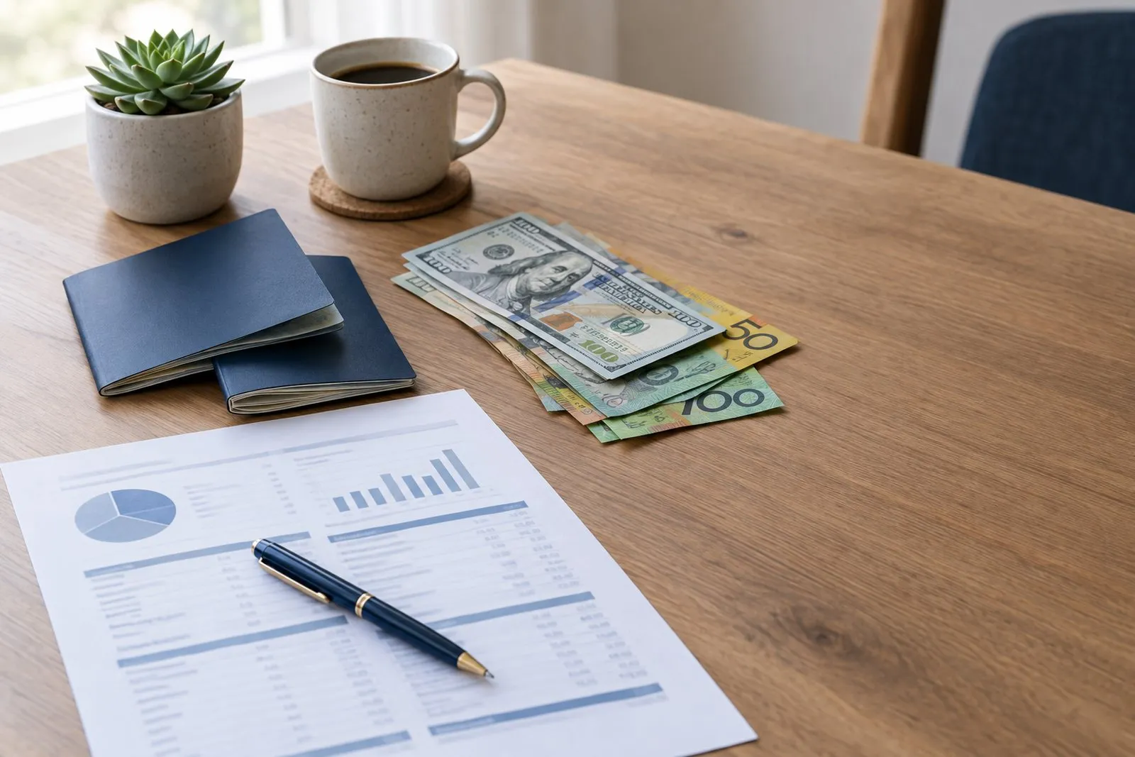 A wooden desk with two navy passports, U.S. and Australian banknotes, a printed planning worksheet with charts, a pen, a succulent and a cup of coffee