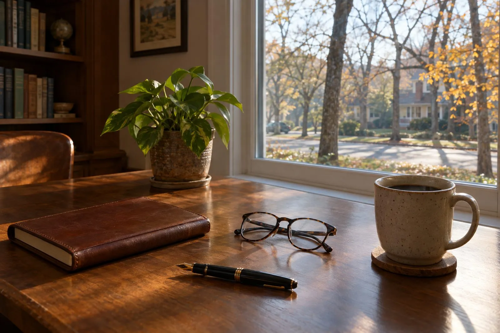 A quiet home study in late autumn light with a desk, a closed notebook, reading glasses and a window looking out on bare trees and a Houston neighborhood street