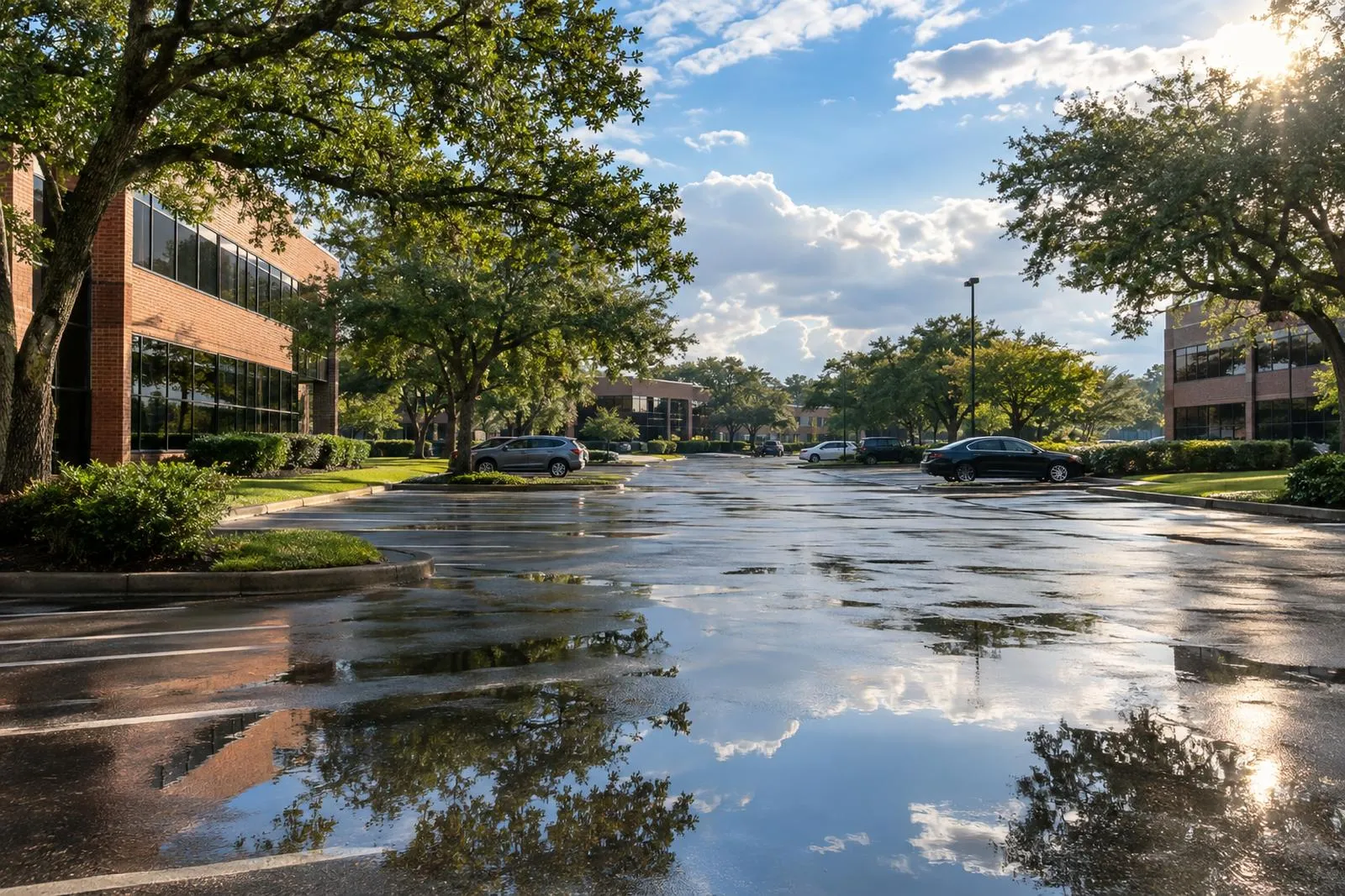 A quiet Houston-area office park on a clear morning after a storm, with wet pavement, puddles reflecting the sky and low-rise office buildings