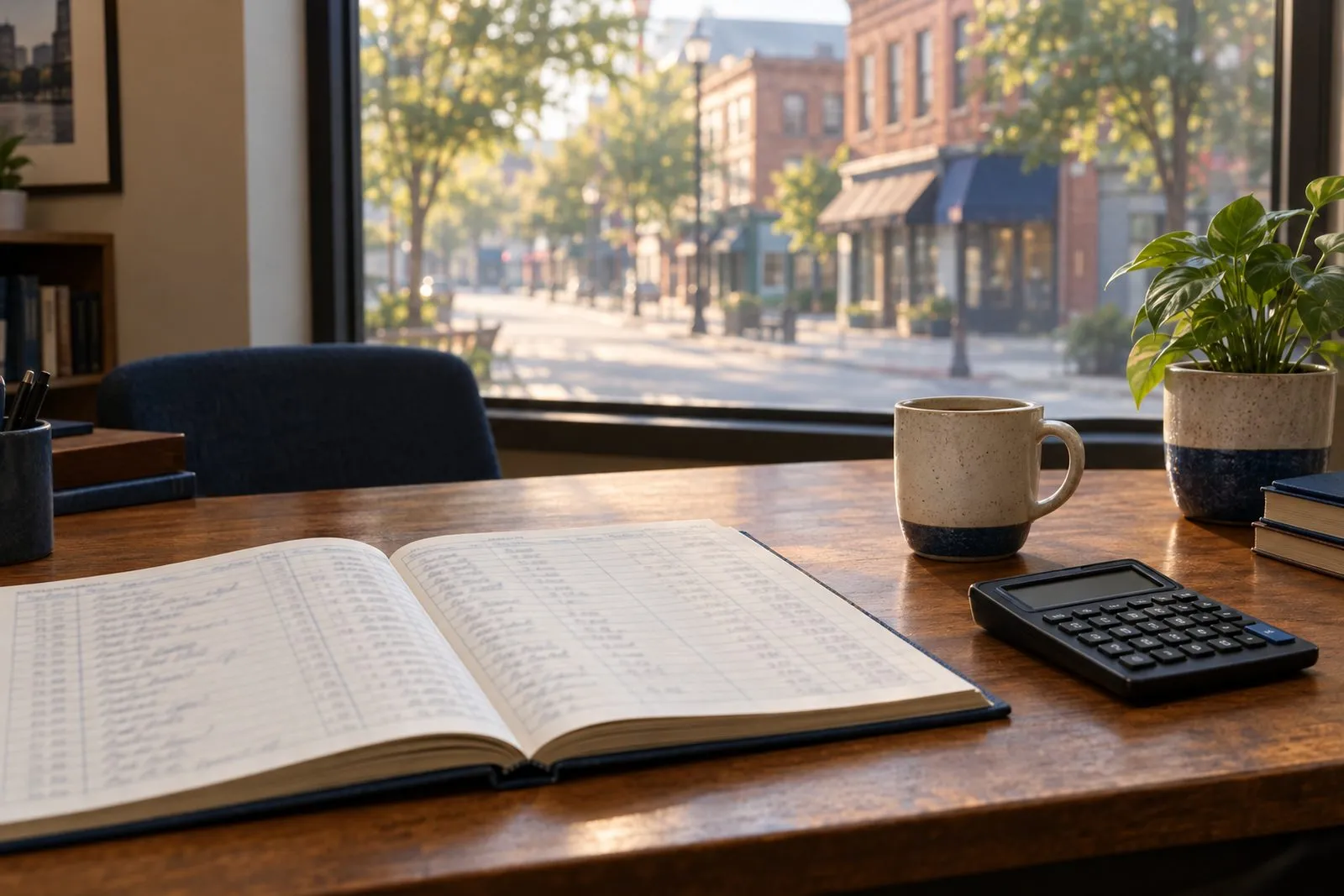 A small-business office desk at early morning with an open ledger, a calculator, a coffee mug and a plant beside a window overlooking a tree-lined street of brick storefronts