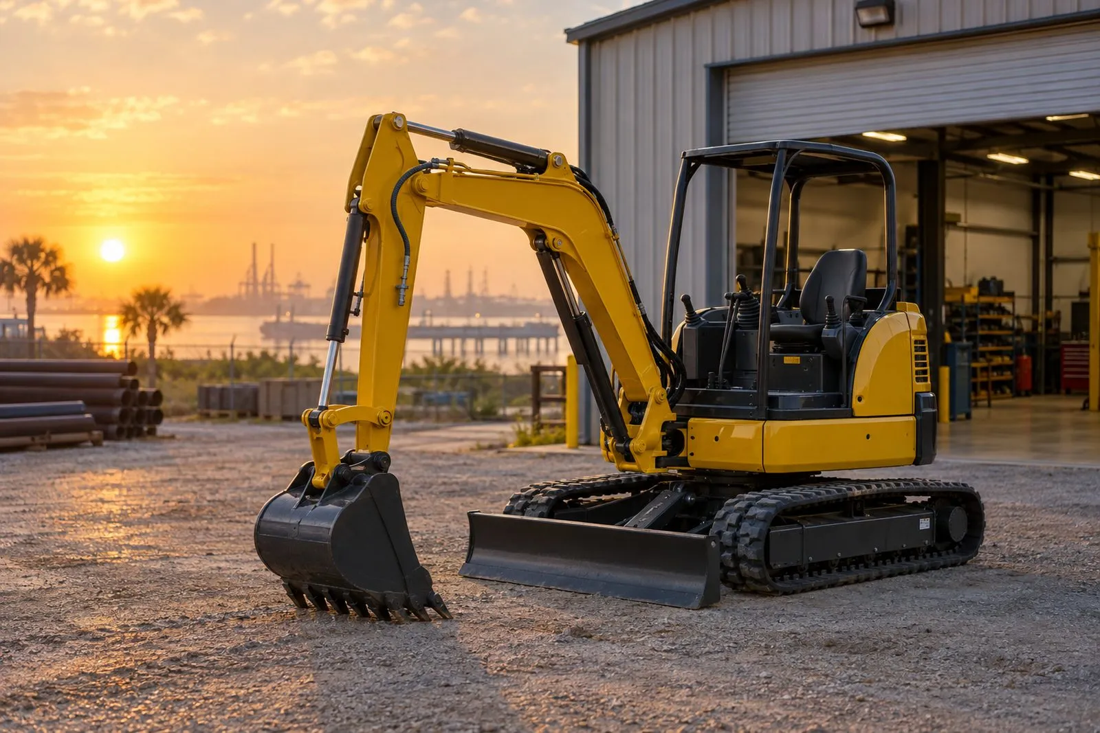 A new yellow compact excavator parked in an equipment yard at sunrise with an open roll-up shop door behind it