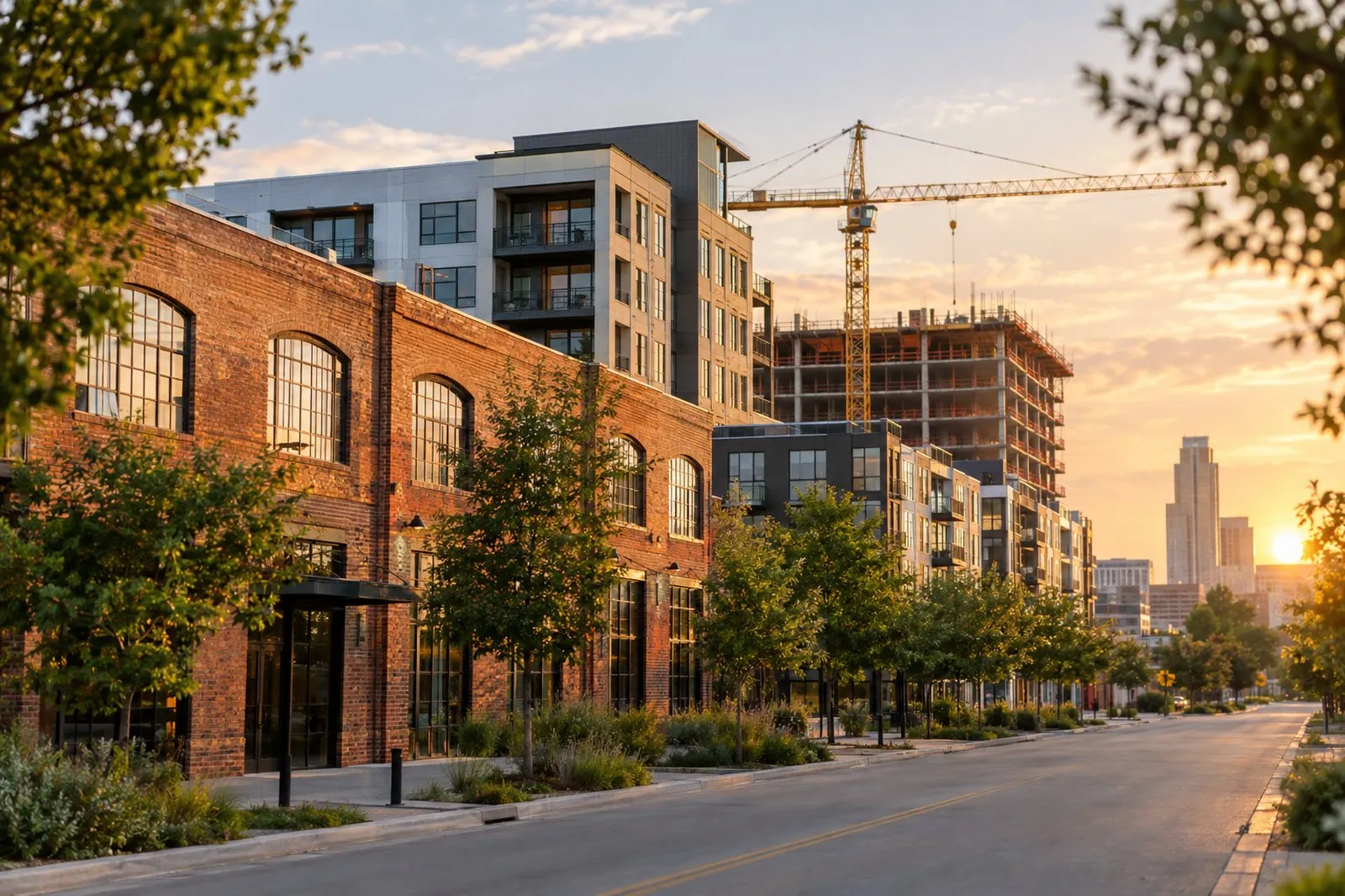 A redeveloped urban block at sunset with restored brick warehouses, new apartment buildings and a construction crane