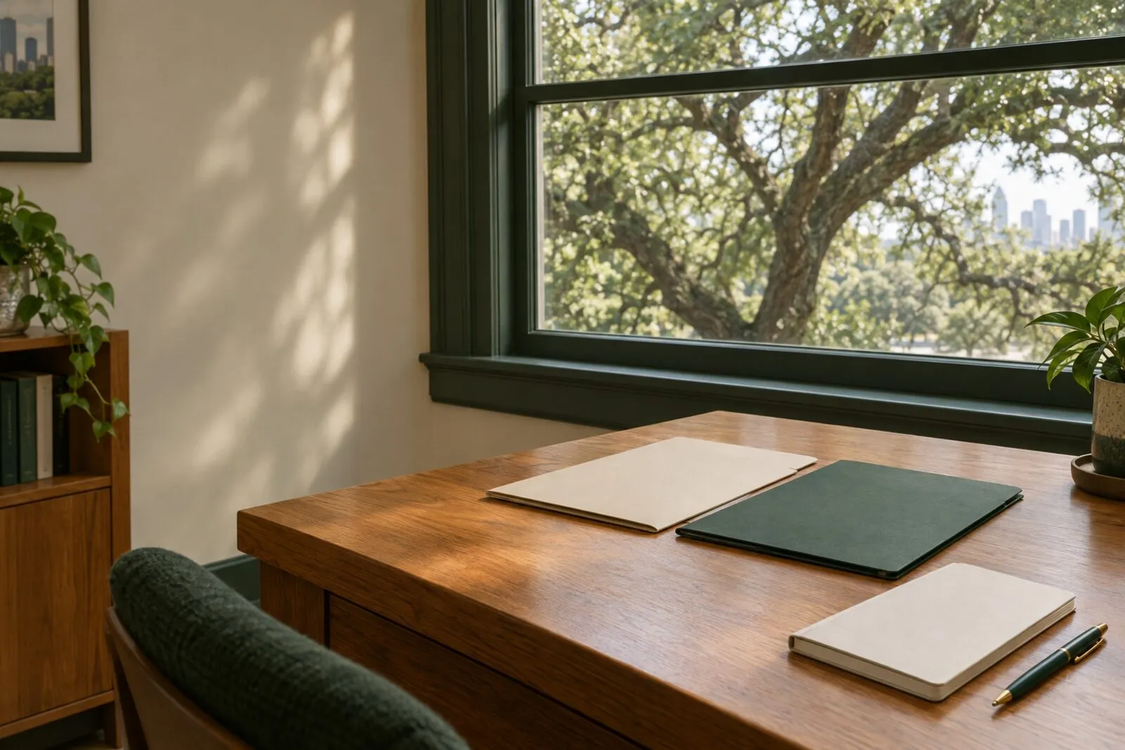 Two plain folders and a blank notebook on a sunlit home-office desk beside a window overlooking a leafy tree