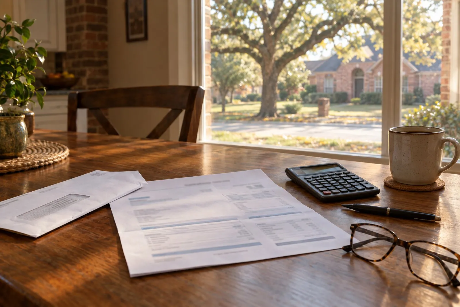 A property tax statement, calculator, pen and coffee mug on a kitchen table in morning light, with a brick Houston home and live oak visible through the window